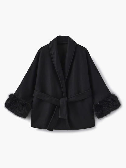 Leana | Women’s Wool Blend Wrap Coat with Faux Fur Cuffs