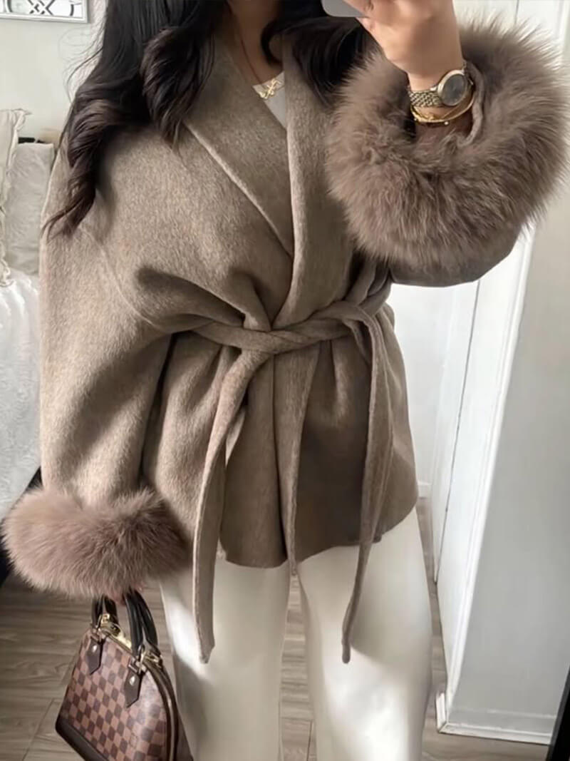 Leana | Women’s Wool Blend Wrap Coat with Faux Fur Cuffs