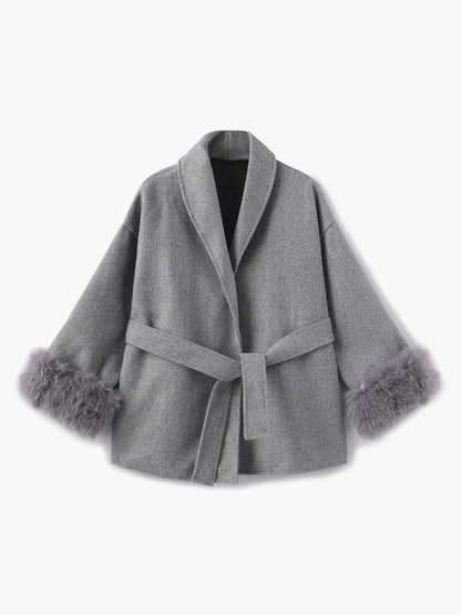 Leana | Women’s Wool Blend Wrap Coat with Faux Fur Cuffs
