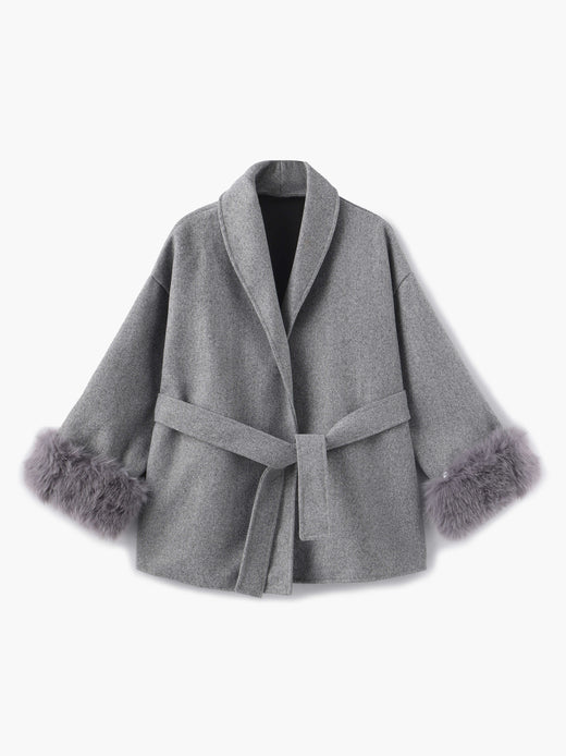 Leana | Women’s Wool Blend Wrap Coat with Faux Fur Cuffs
