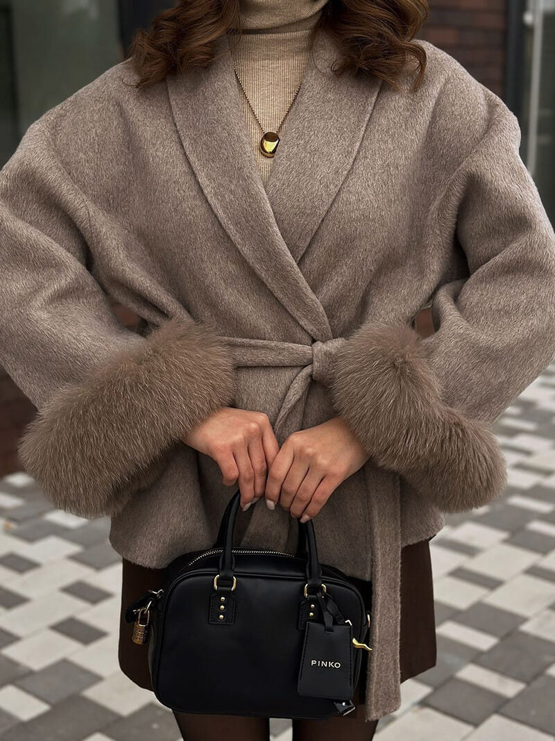 Leana | Women’s Wool Blend Wrap Coat with Faux Fur Cuffs