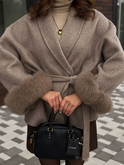 Leana | Women’s Wool Blend Wrap Coat with Faux Fur Cuffs