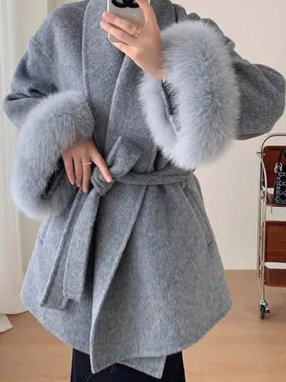Leana | Women’s Wool Blend Wrap Coat with Faux Fur Cuffs