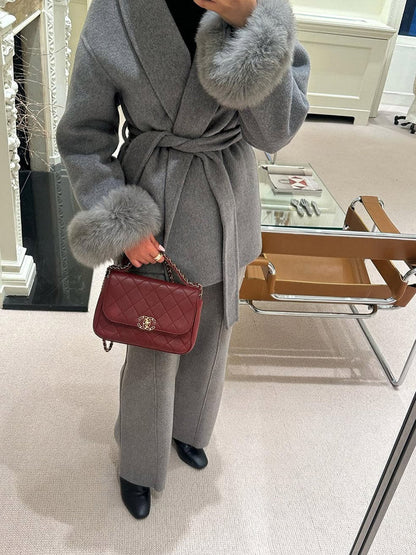 Leana | Women’s Wool Blend Wrap Coat with Faux Fur Cuffs