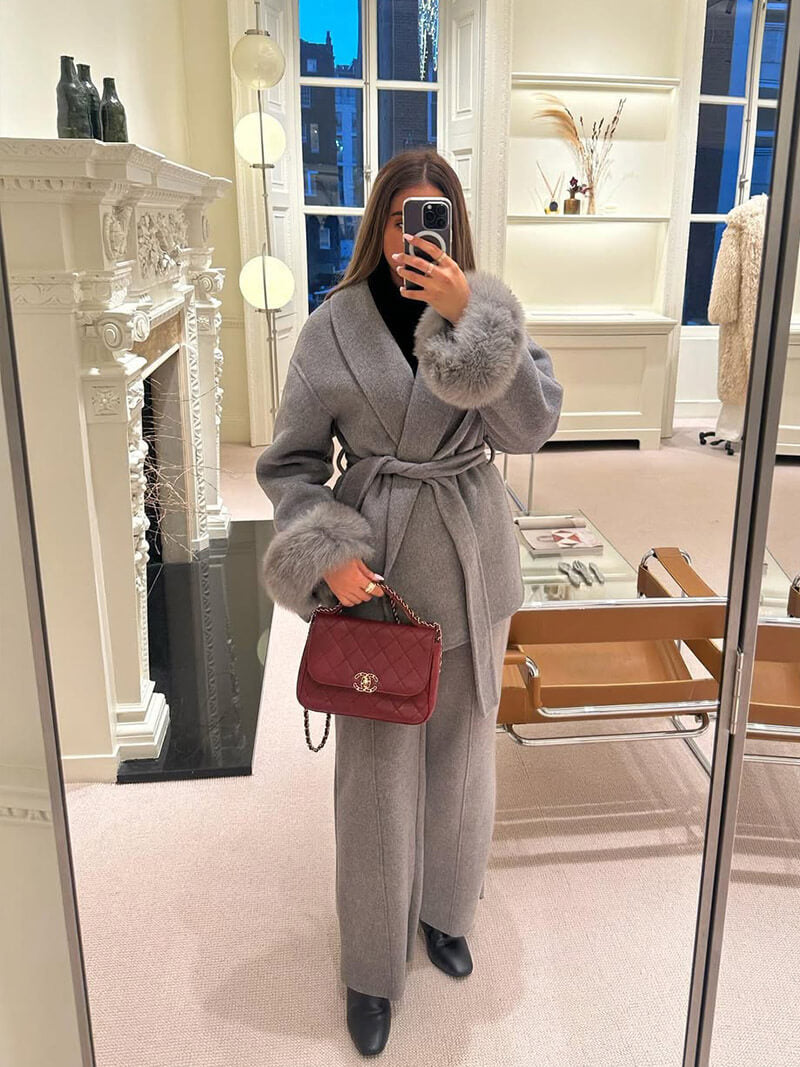 Leana | Women’s Wool Blend Wrap Coat with Faux Fur Cuffs