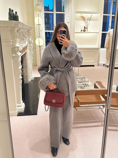Leana | Women’s Wool Blend Wrap Coat with Faux Fur Cuffs