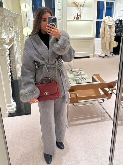 Leana | Women’s Wool Blend Wrap Coat with Faux Fur Cuffs