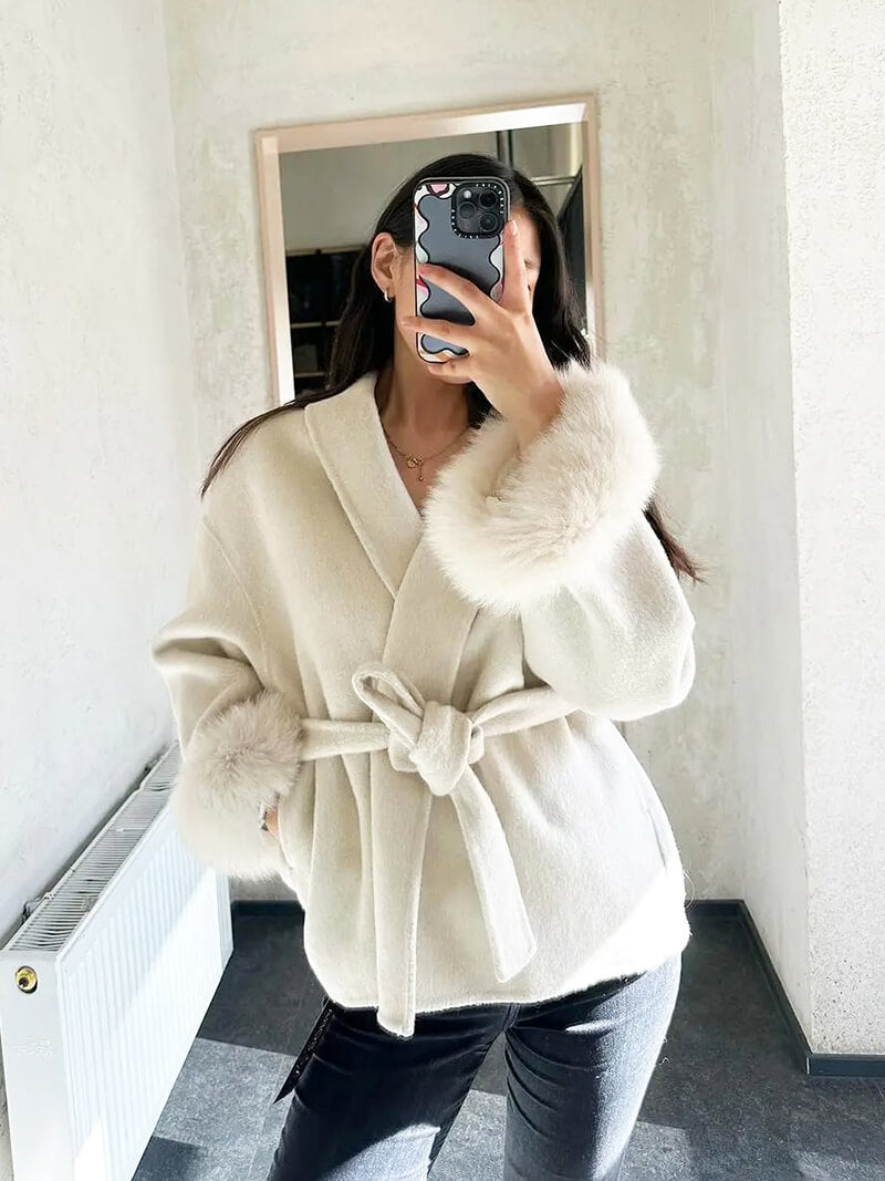 Leana | Women’s Wool Blend Wrap Coat with Faux Fur Cuffs
