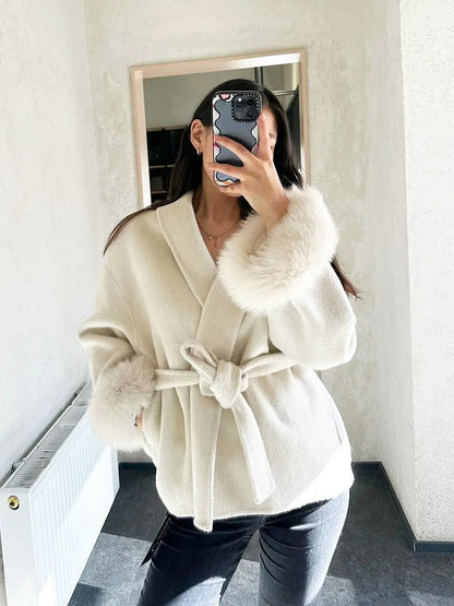 Leana | Women’s Wool Blend Wrap Coat with Faux Fur Cuffs