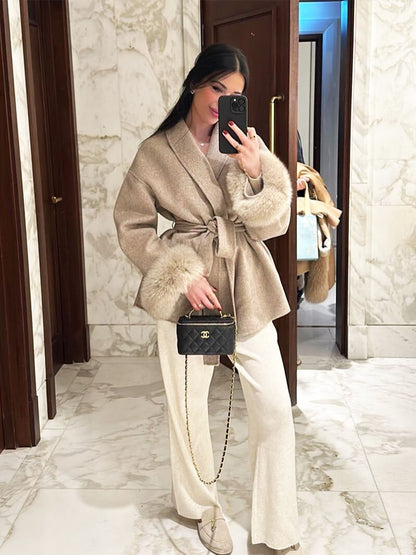 Leana | Women’s Wool Blend Wrap Coat with Faux Fur Cuffs