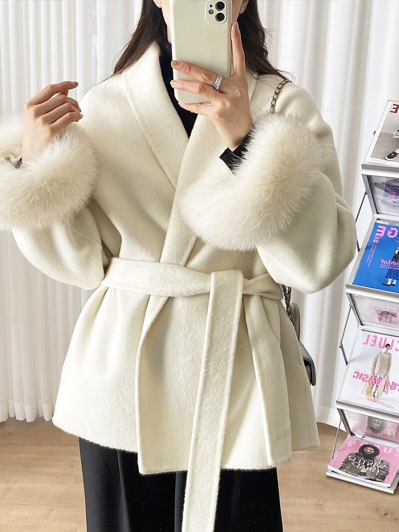 Leana | Women’s Wool Blend Wrap Coat with Faux Fur Cuffs