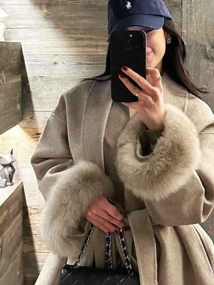 Leana | Women’s Wool Blend Wrap Coat with Faux Fur Cuffs