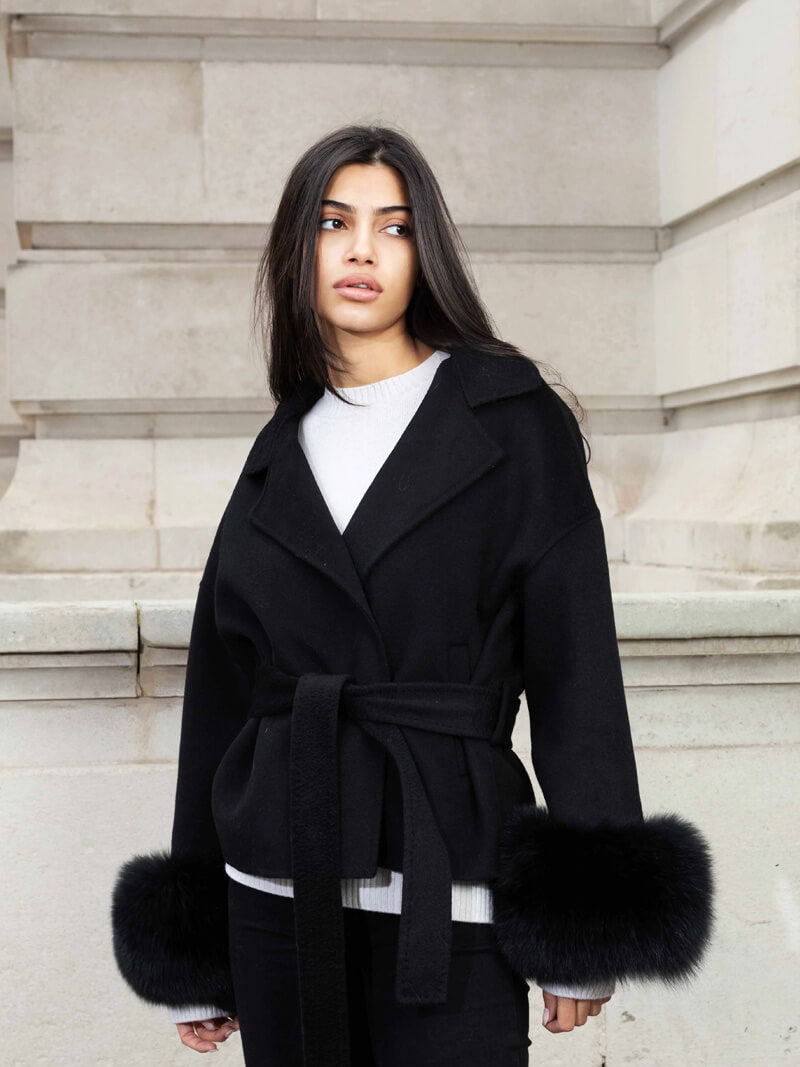 Leana | Women’s Wool Blend Wrap Coat with Faux Fur Cuffs