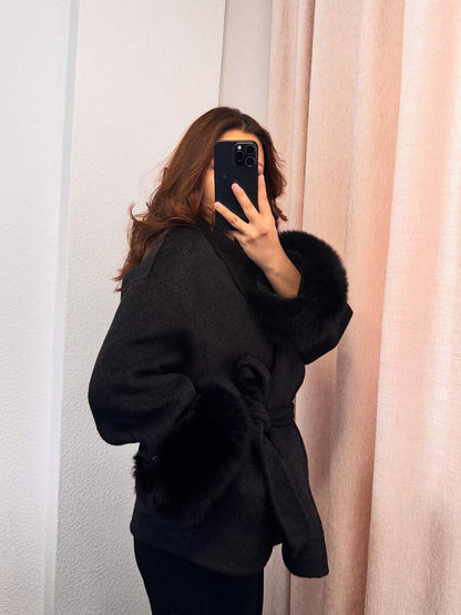 Leana | Women’s Wool Blend Wrap Coat with Faux Fur Cuffs