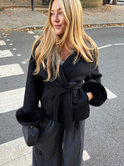 Leana | Women’s Wool Blend Wrap Coat with Faux Fur Cuffs