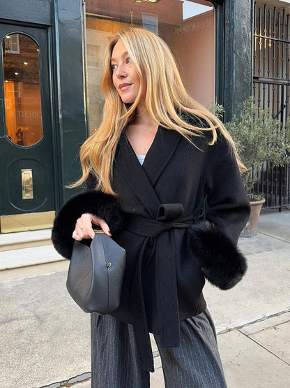 Leana | Women’s Wool Blend Wrap Coat with Faux Fur Cuffs
