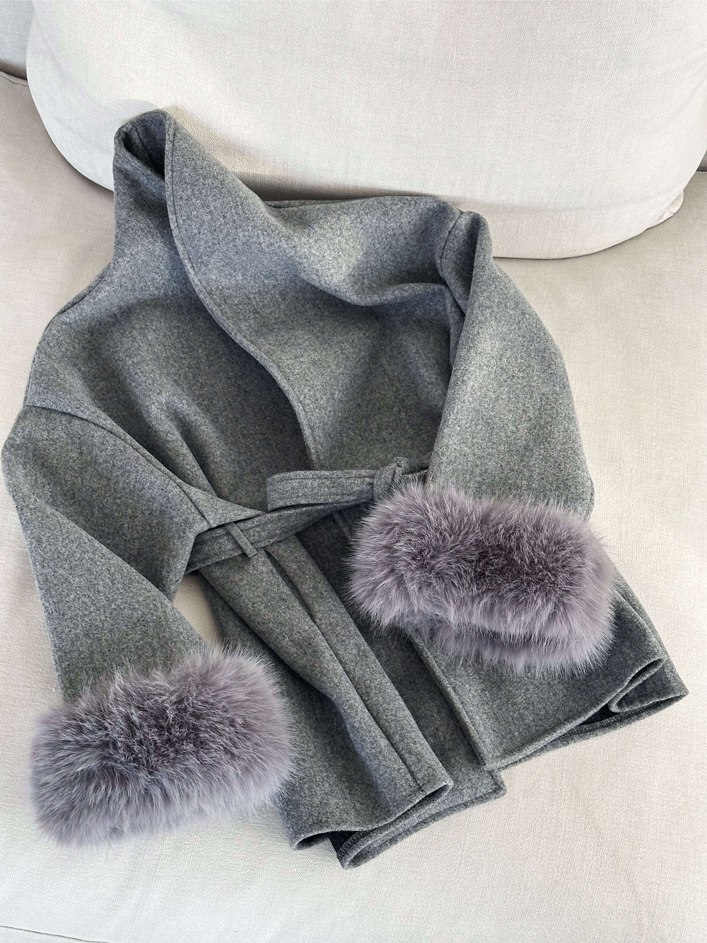 Leana | Women’s Wool Blend Wrap Coat with Faux Fur Cuffs