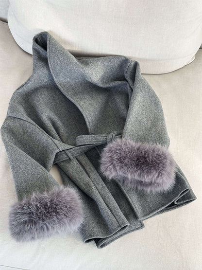 Leana | Women’s Wool Blend Wrap Coat with Faux Fur Cuffs