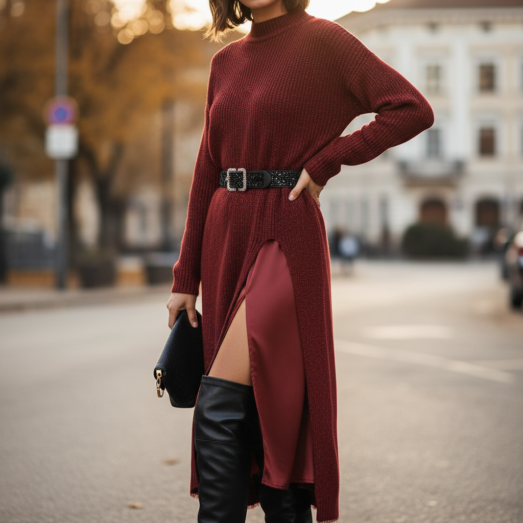Jesika | Women's Long Sweater Dress with Side Slit