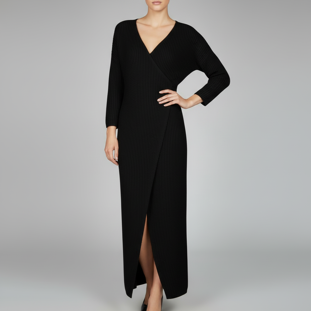 Joana | Women's Wrap Knit Winter Dress Black
