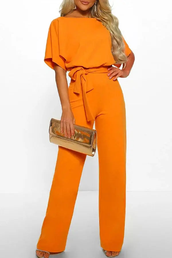Rhonda | Women’s Wide Leg Belted Short Sleeve Jumpsuit