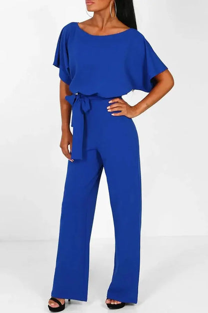 Rhonda | Women’s Wide Leg Belted Short Sleeve Jumpsuit