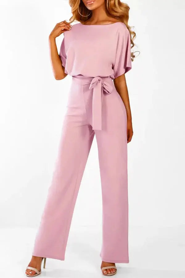 Rhonda | Women’s Wide Leg Belted Short Sleeve Jumpsuit