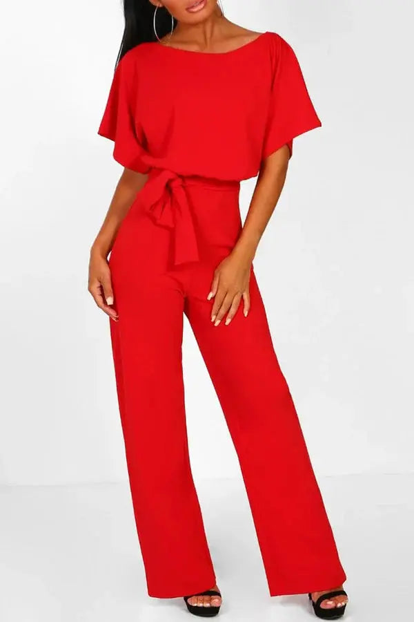 Rhonda | Women’s Wide Leg Belted Short Sleeve Jumpsuit