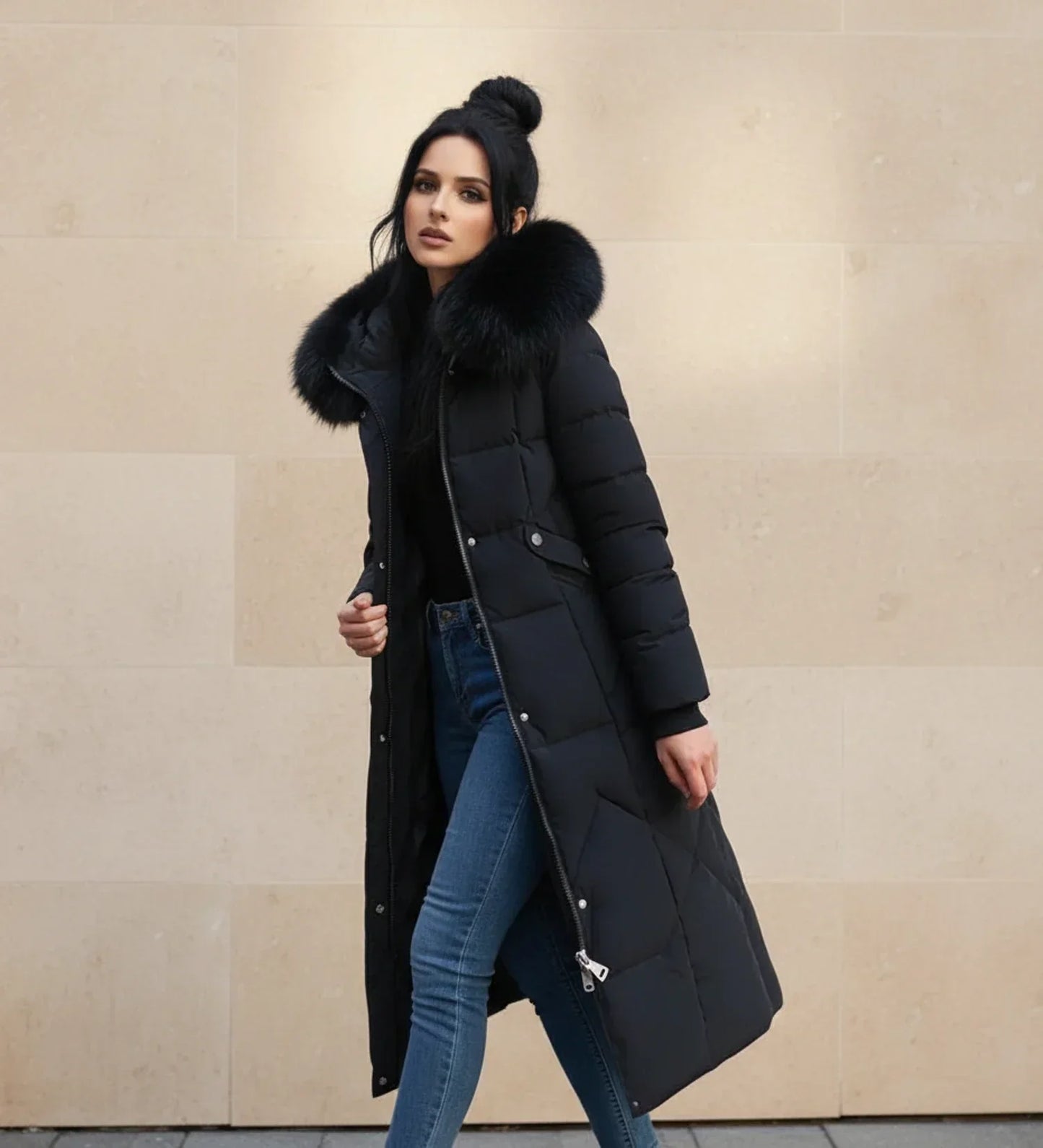 Shemia | Women’s Hooded Longline Faux Fur Trim Puffer Coat