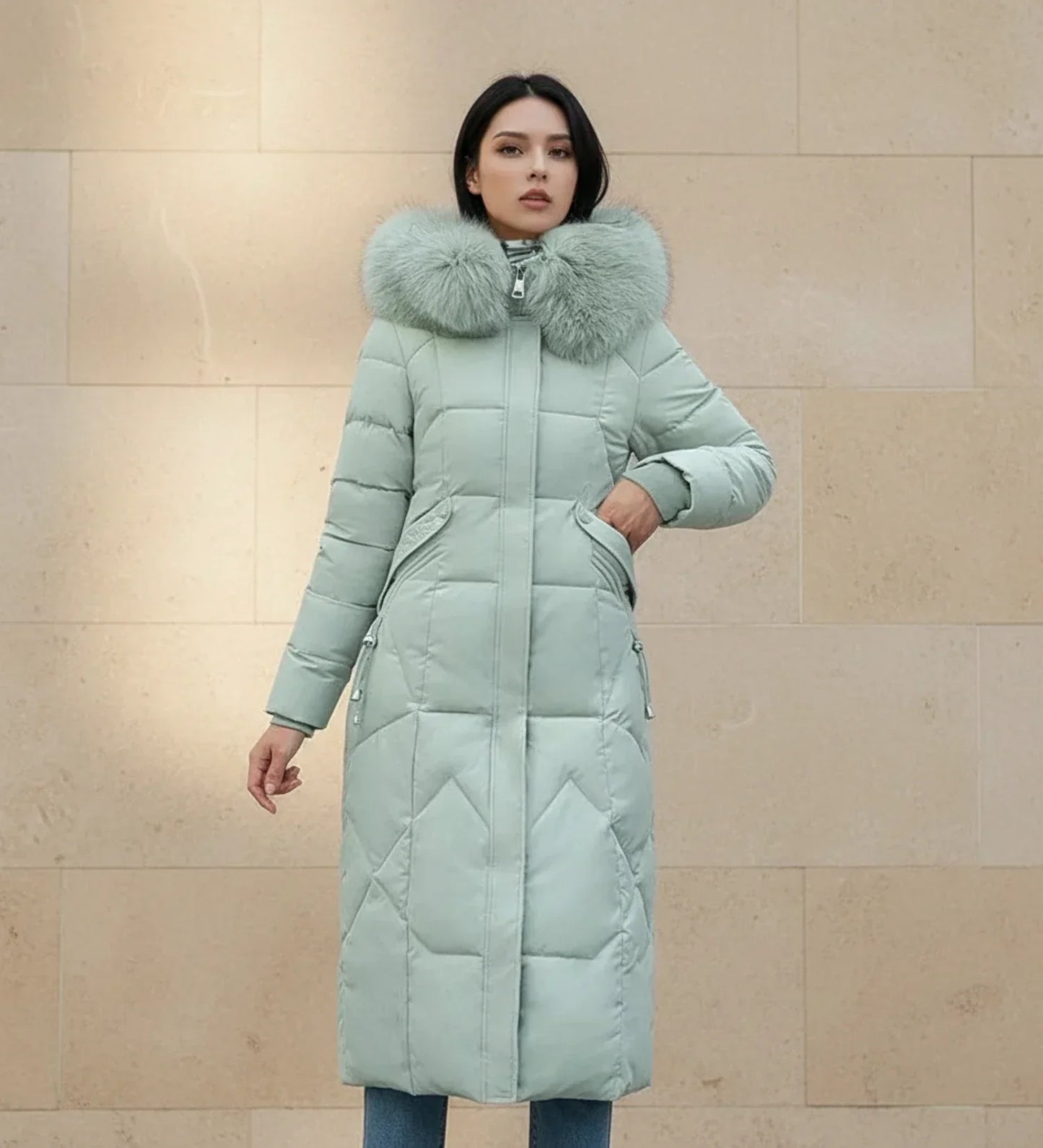 Shemia | Women’s Hooded Longline Faux Fur Trim Puffer Coat