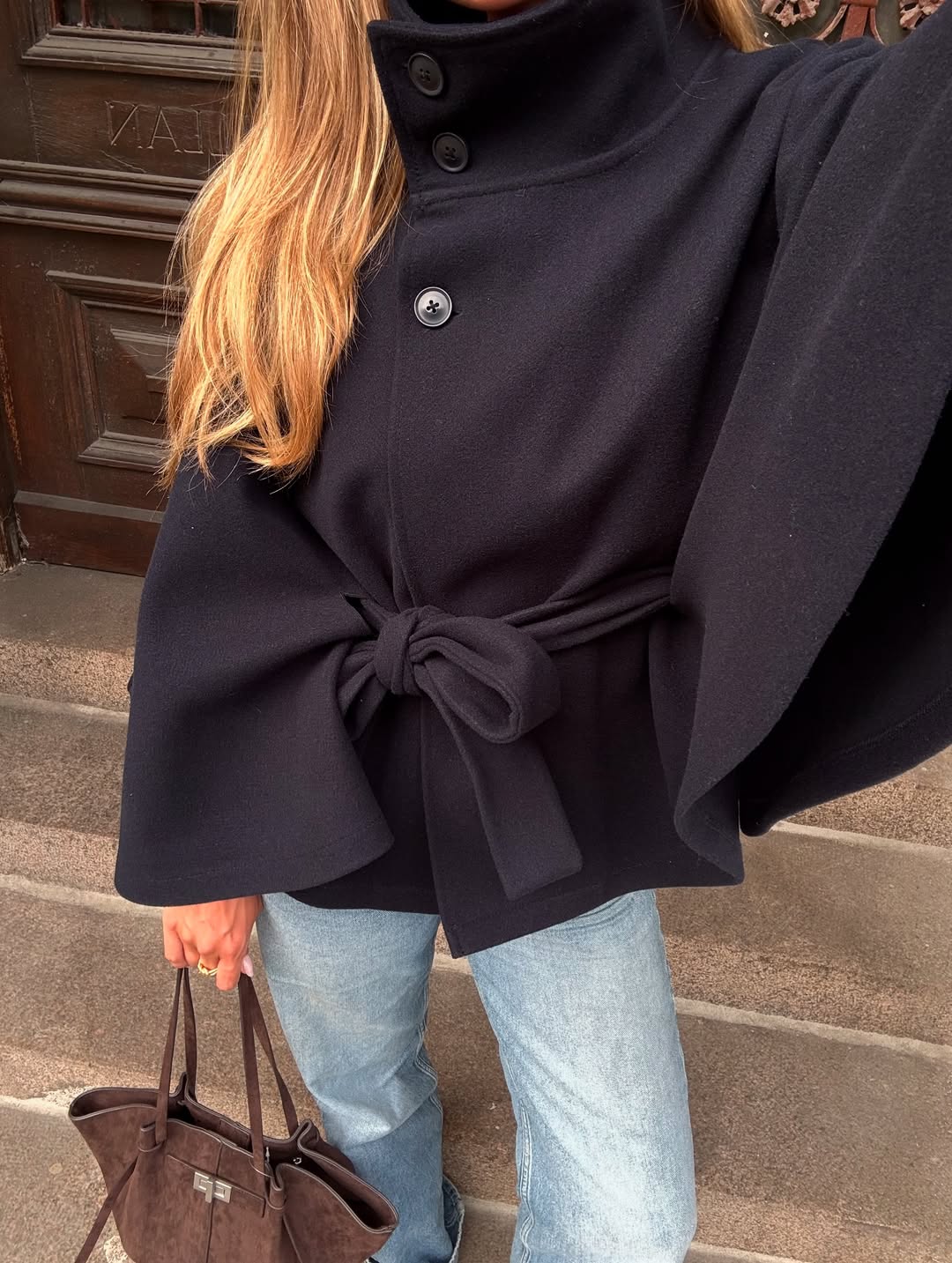 Oona | Women’s High Neck Belted Cape Jacket